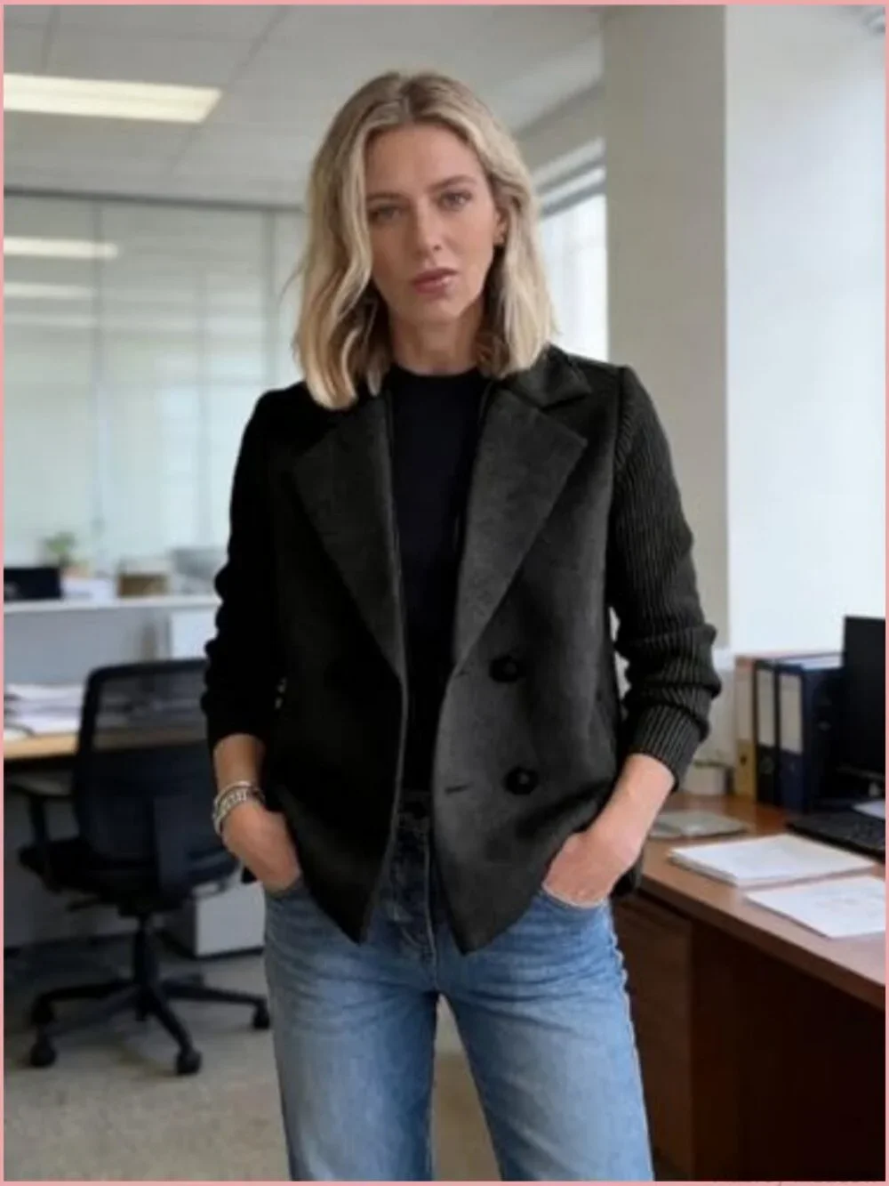 Cropped Wool Blend Fall Knit Sweater Blazer Double Breasted Pea Coat